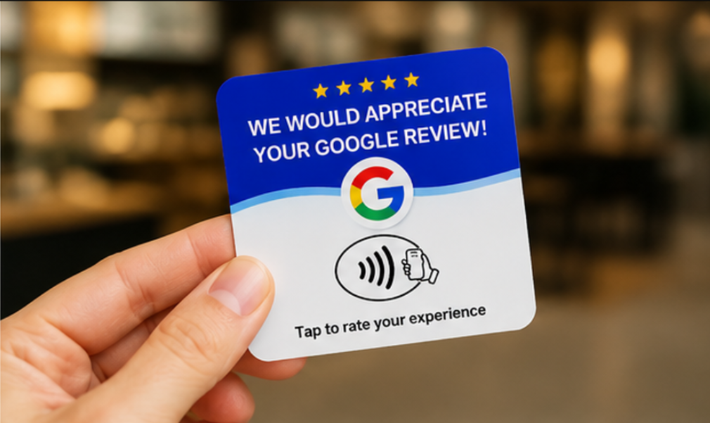 Tarjeta NFC de reseñas de Google en un negocio, lista para que los clientes dejen su opinión