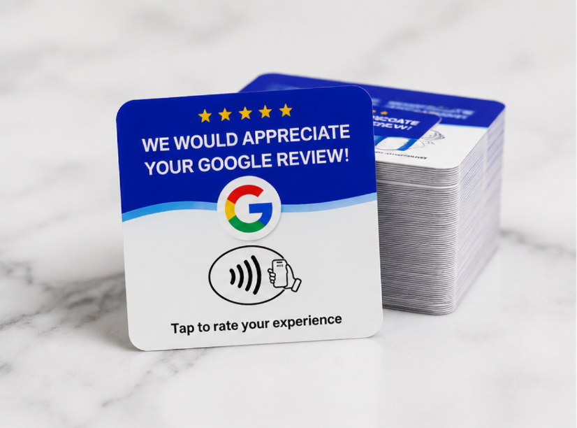 Tarjeta NFC de reseñas de Google sobre mármol, junto al resto de tarjetas
